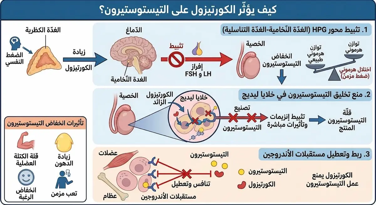 مخطط فيزيولوجي يشرح الآلية البيولوجية التي يقوم من خلالها هرمون الكورتيزول بتثبيط إنتاج التستوستيرون وإضعاف الرغبة الجنسية عند الرجال.