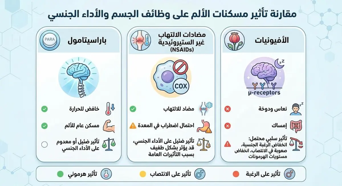 إنفوجرافيك طبي يوضح الفروقات والآثار الجانبية لكل نوع من مسكنات الألم على الانتصاب، القذف، وهرمون الذكورة.