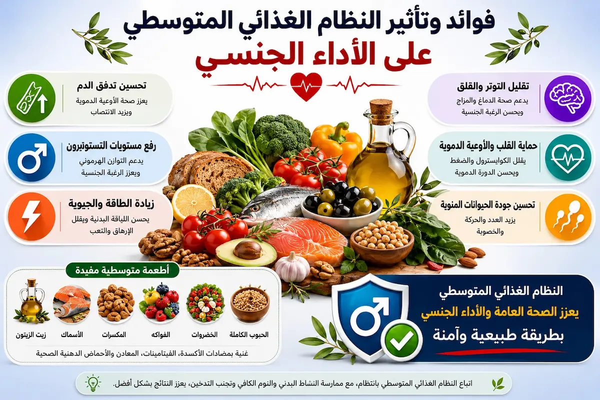 تأثير التغذية المتوسطية على الانتصاب - أطلس الرجل الصحي. إنفوجرافيك طبي يوضح الفوائد الصحية للنظام الغذائي المتوسطي وتأثيره المباشر على صحة القلب والأداء الجنسي للرجل.