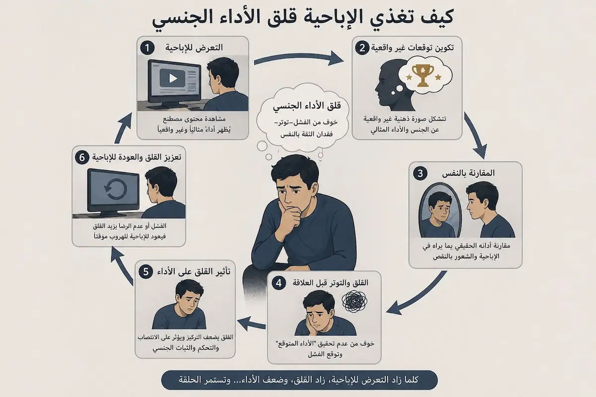 إنفوجرافيك علمي يشرح الدورة النفسية والجسدية التي تؤدي من خلالها الإباحية إلى تغذية قلق الأداء وإضعاف الانتصاب.
