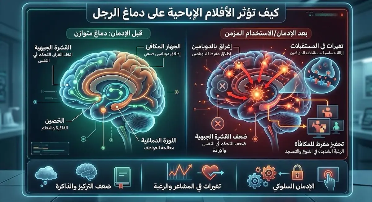 مخطط علمي تشريحي للدماغ يوضح تأثير التدفق الكثيف للدوبامين نتيحة مشاهدة الإباحية وأثره على إشارات الانتصاب والرغبة.