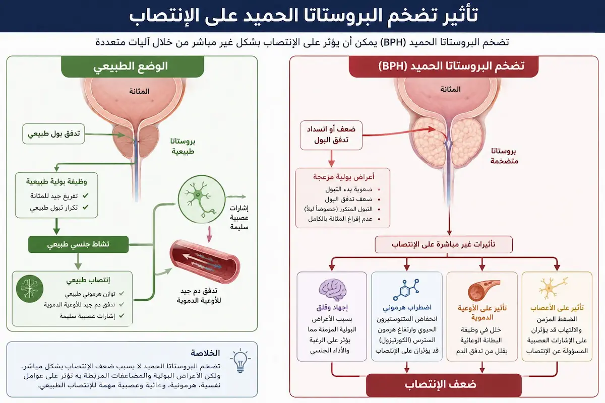 مخطط فيزيولوجي يشرح العلاقة الطبية بين تضخم البروستاتا الحميد وبين ضعف الانتصاب واضطرابات القذف عند الرجال.