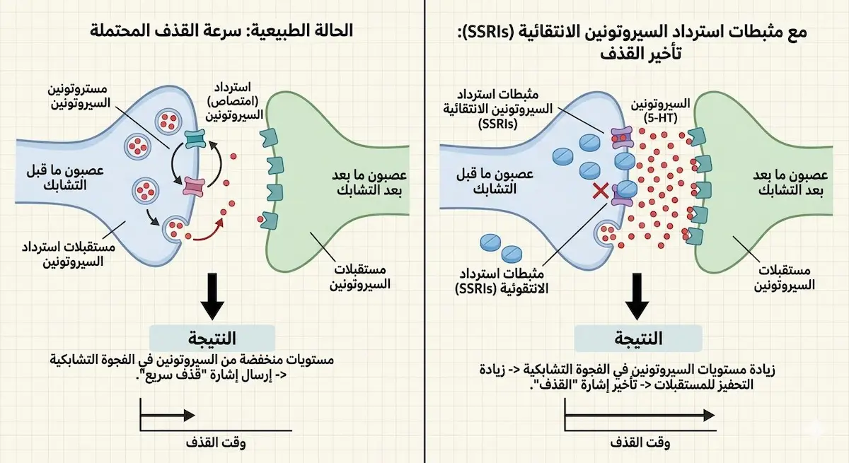 مخطط فيزيولوجي يشرح آلية عمل أدوية SSRIs في الجهاز العصبي ودورها في تأخير عملية القذف من خلال تنظيم مستويات السيروتونين.