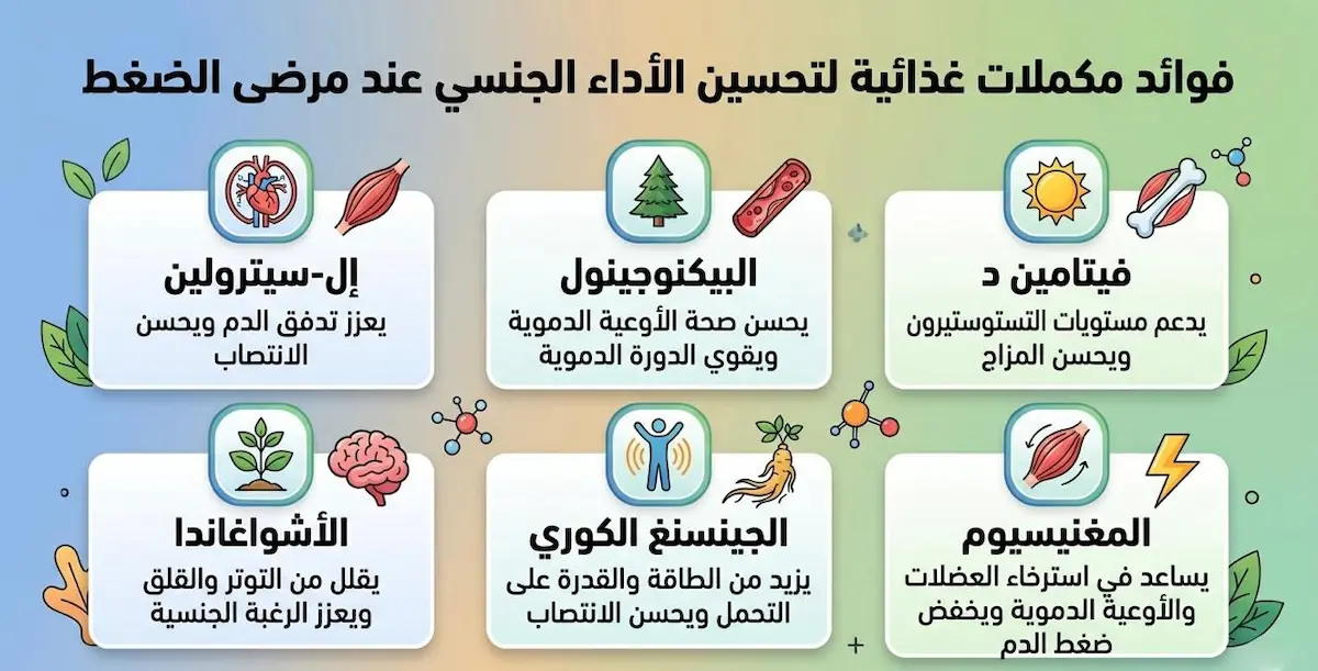 إنفوجرافيك طبي يوضح آلية عمل المكملات الغذائية في تحسين مرونة الأوعية الدموية وتعزيز تدفق الدم للأداء الجنسي بشكل آمن لمرضى الضغط.