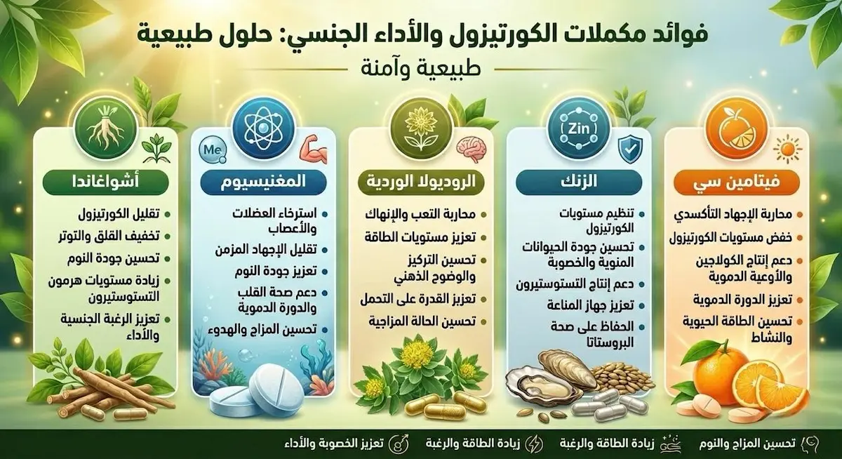 إنفوجرافيك طبي يوضح آلية عمل وأهمية المكملات الغذائية في خفض هرمون التوتر وتوسيع الأوعية الدموية للأداء الجنسي.