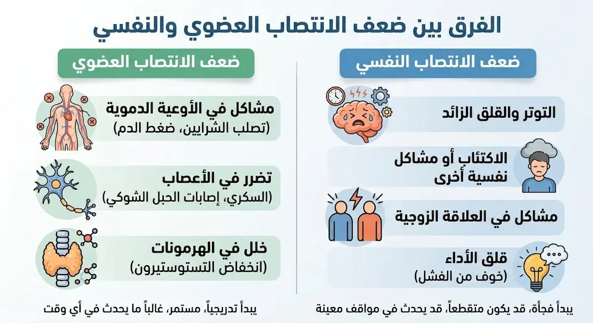 إنفوجرافيك طبي يلخص الفروقات الجوهرية بين ضعف الانتصاب النفسي والعضوي بناءً على الأعراض السريرية والانتصاب الصباحي.