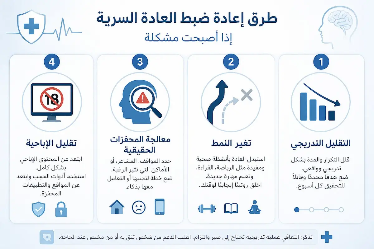 مخطط خطوات عملي يوضح طرق إعادة ضبط الدماغ والتعافي من الإفراط في العادة السرية واستعادة التوازن الهرموني.
