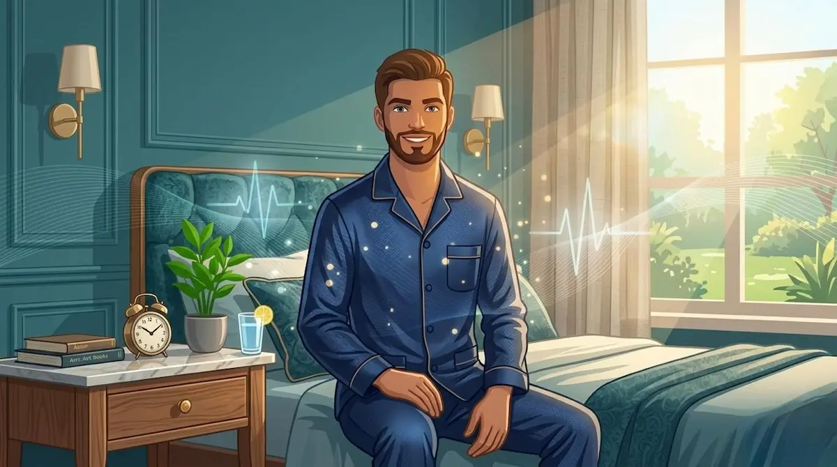 رسم توضيحي يصور الشاب العربي وهو يستيقظ سعيداً وبصحة جيدة، لمناقشة طرق استعادة الانتصاب الصباحي بشكل طبيعي.
