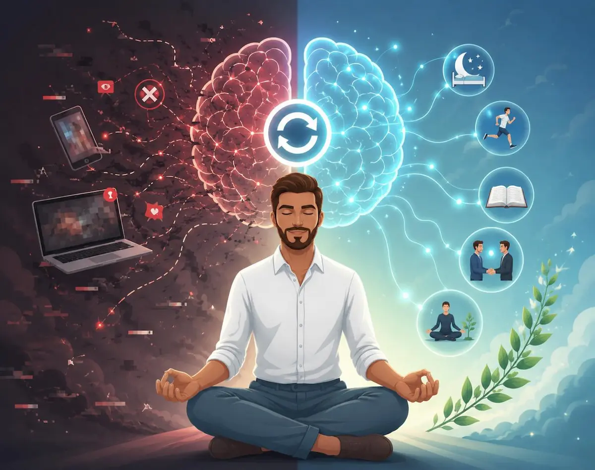رسم توضيحي يظهر الشاب وهو يجلس باسترخاء وهدوء وتحيط به رموز تعبيرية تشير إلى خطوات إعادة تكييف الدماغ والتعافي علمياً.
