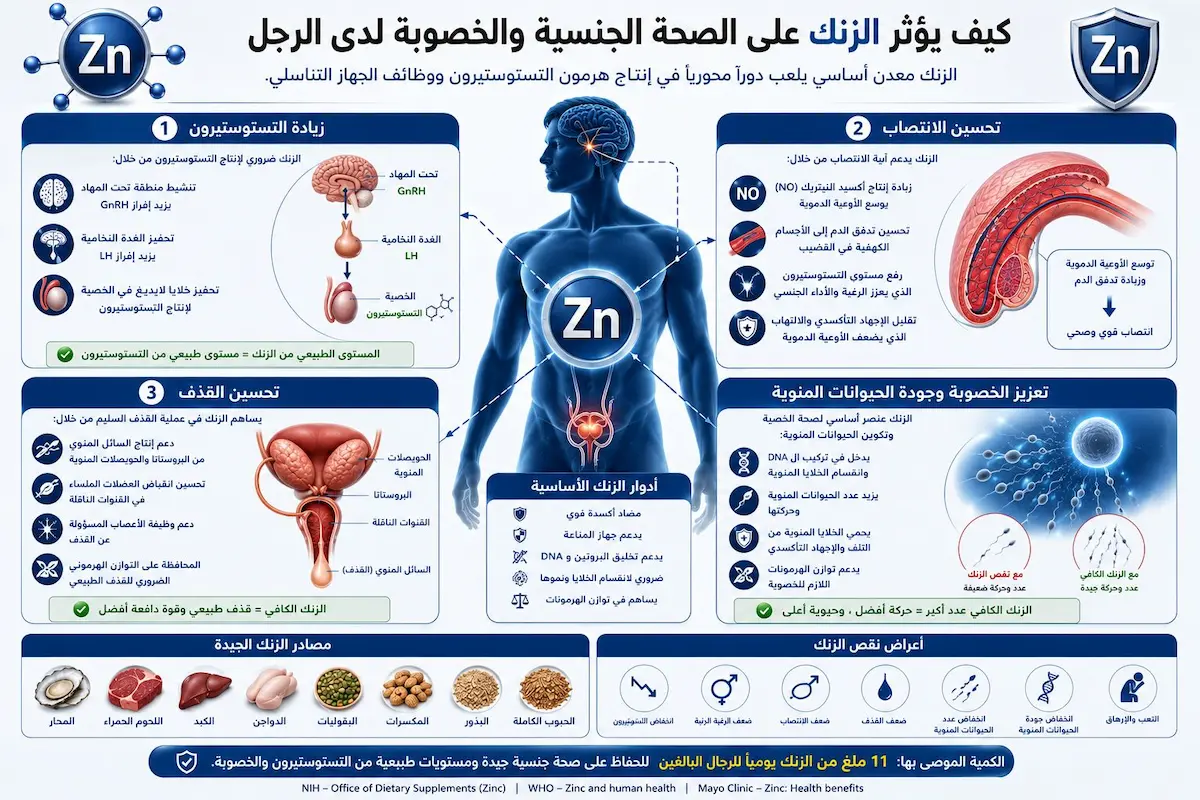 تأثير الزنك على أركان الأداء - أطلس الرجل الصحي. إنفوجرافيك علمي يشرح آلية تأثير معدن الزنك على تحسين الرغبة، قوة الانتصاب، وجودة القذف والخصوبة عند الرجال.