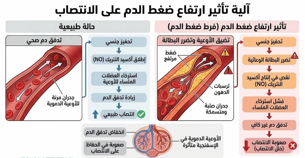 مخطط فيزيولوجي يشرح العلاقة بين تلف جدران الأوعية الدموية الناتج عن الضغط المرتفع وضعف الانتصاب.