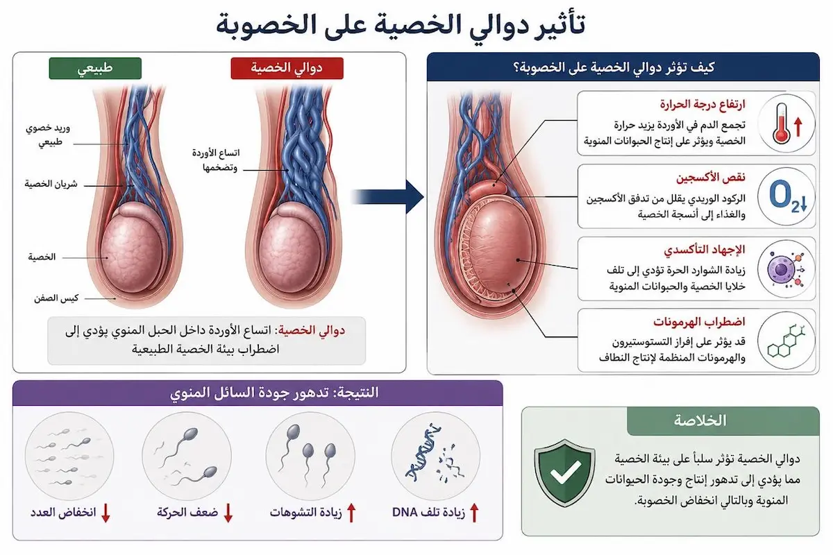 رسم توضيحي علمي يشرح كيف تؤدي دوالي الخصية إلى تراجع جودة الحيوانات المنوية (العدد، الحركة، والشكل) وتأثير ذلك المباشر على خصوبة الرجل.