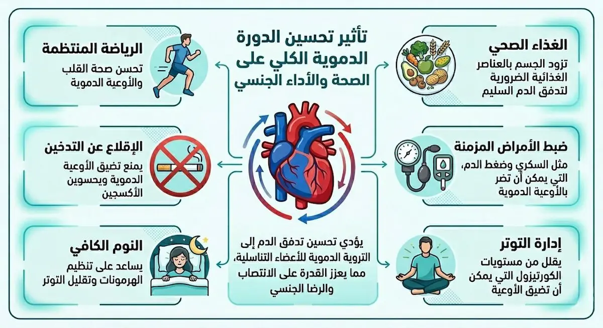 إنفوجرافيك يستعرض الحلول الطبيعية والعادات الصحية التي تساهم في تقوية الدورة الدموية وزيادة الكفاءة الجنسية لدى الرجال.