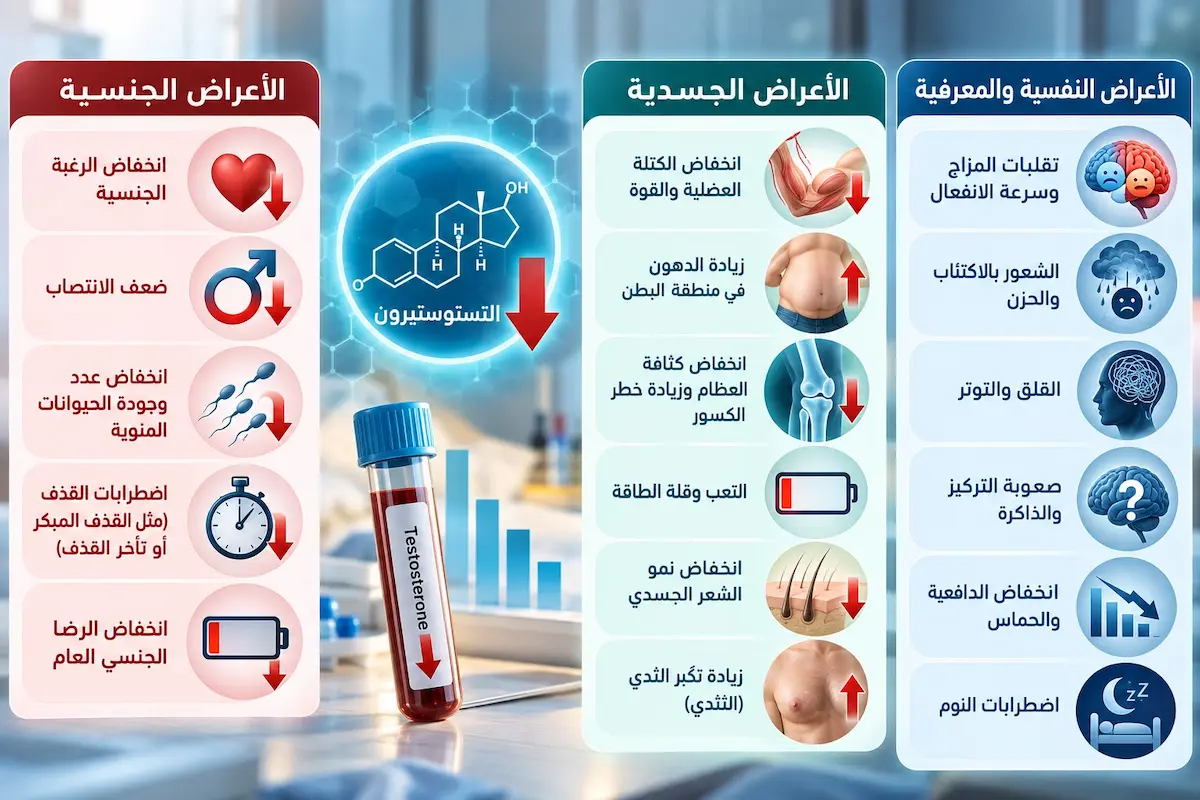 إنفوجرافيك طبي بصري يوضح أعراض انخفاض التستوستيرون عند الرجل مقسمة إلى ثلاثة أقسام: الأعراض الجنسية، الأعراض الجسدية، والأعراض النفسية والمعرفية.