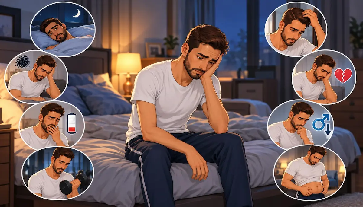رسم توضيحي لشاب يجلس على السرير وتبدو عليه علامات الحزن والإرهاق، محاط بأيقونات تعبيرية لأعراض انخفاض التستوستيرون لمناقشة مقال علامات نقص هرمون الذكورة.