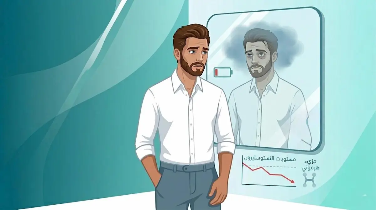 رسم توضيحي يظهر الشاب العربي وهو ينظر للمرآة بملامح متعبة، لمناقشة علامات انخفاض التستوستيرون التي قد لا يلاحظها الرجال.