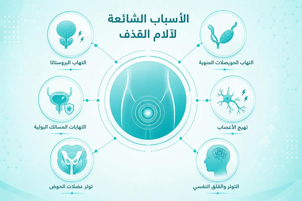 إنفوجرافيك طبي يلخص أبرز الأسباب العضوية والالتهابات المسؤولة عن حدوث ألم أثناء أو بعد القذف عند الرجال.