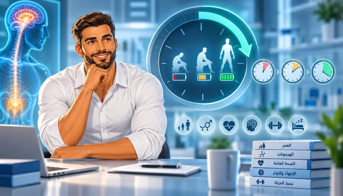 رسم توضيحي ولقطة لشاب محاط برموز مستويات بطارية منخفضة ومتوسطة وعالية لمناقشة مقال فترة التعافي بعد القذف عند الرجل ولماذا تختلف من شخص لآخر.