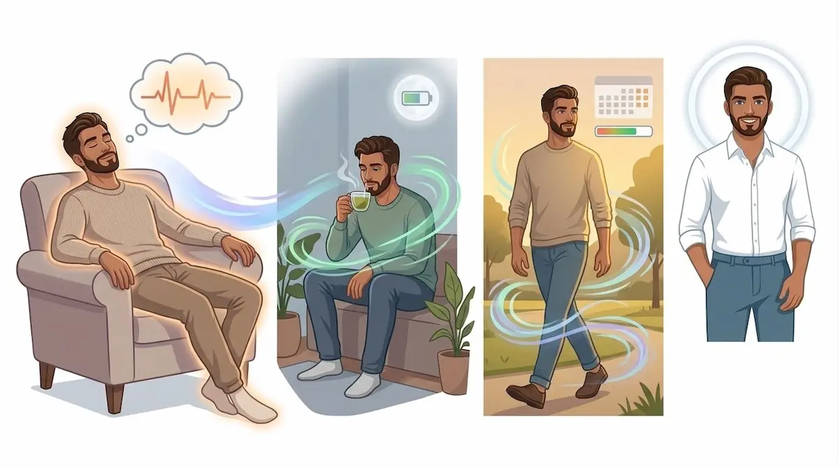 رسم توضيحي يظهر مراحل فترة التعافي بعد القذف لدى الشاب العربي وكيف تختلف مستويات الطاقة والقدرة من وقت لآخر.