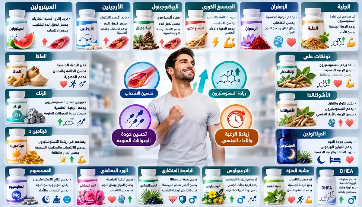 إنفوجرافيك طبي بصري يوضح شرح تأثير كل مكمل غذائي من الـ 18 مكملاً على الأداء والوظيفة الجنسية عند الرجل والجرعات والفوائد المثبتة علمياً.