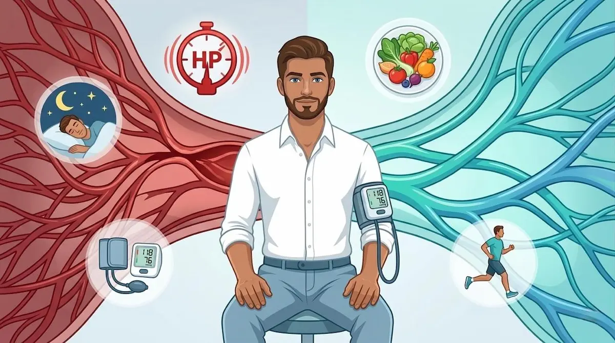 رسم توضيحي يصور الشاب وهو يطبق العادات الصحية المتوازنة للسيطرة على ضغط الدم وتحسين الأداء الجنسي.