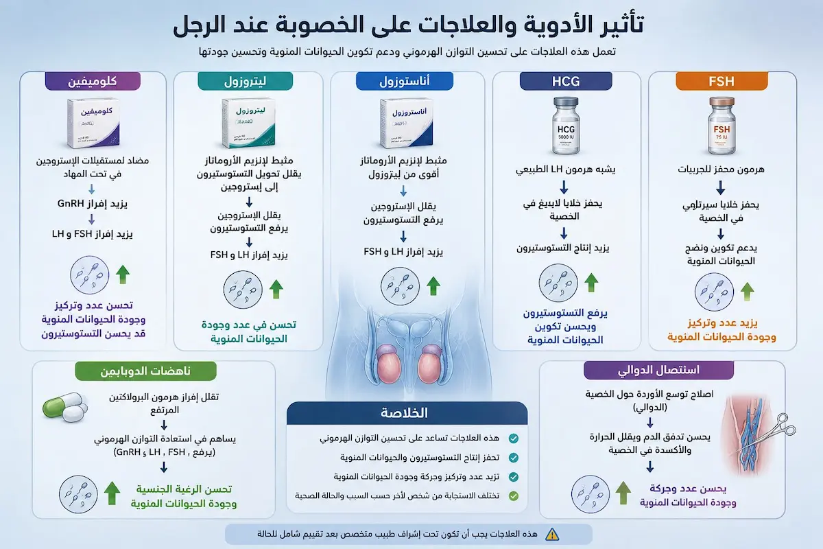 إنفوجرافيك طبي يشرح آلية عمل أدوية الخصوبة وتأثيرها على تحفيز الهرمونات وتحسين إنتاج الحيوانات المنوية عند الرجال.