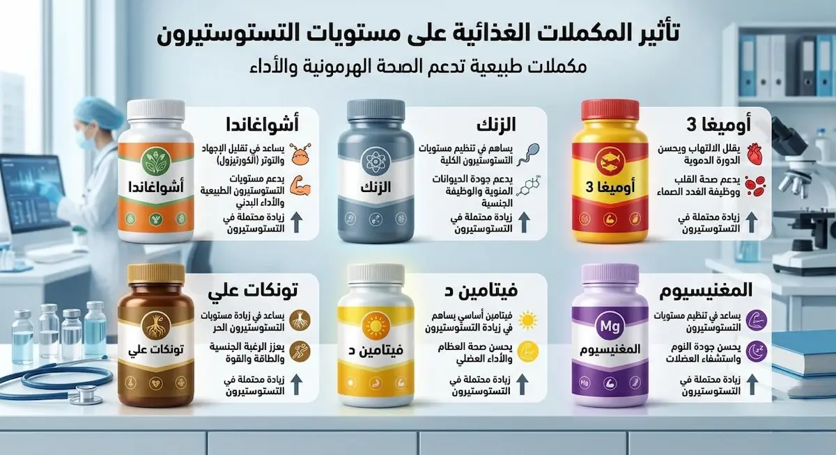 إنفوجرافيك طبي يوضح آلية تأثير المكملات الطبيعية على الجسم وكيف تساهم في رفع مستويات التستوستيرون والنشاط البدني.