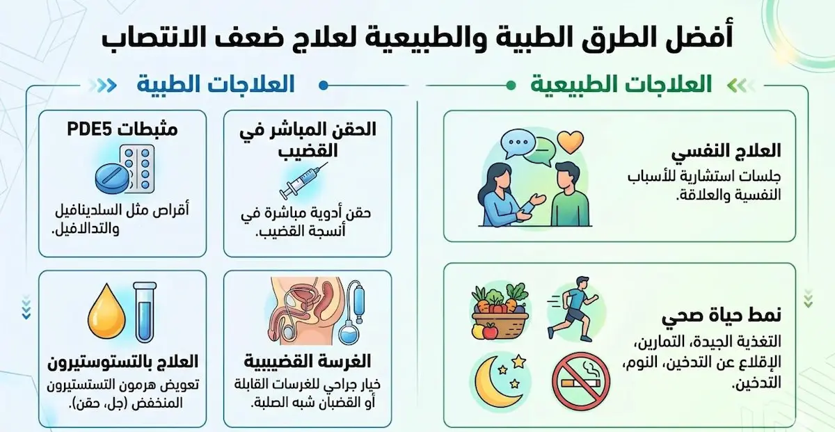 إنفوجرافيك يلخص أفضل الطرق الطبية والتمارين الرياضية والعادات الغذائية المدعومة علمياً لتحسين قوة الانتصاب.