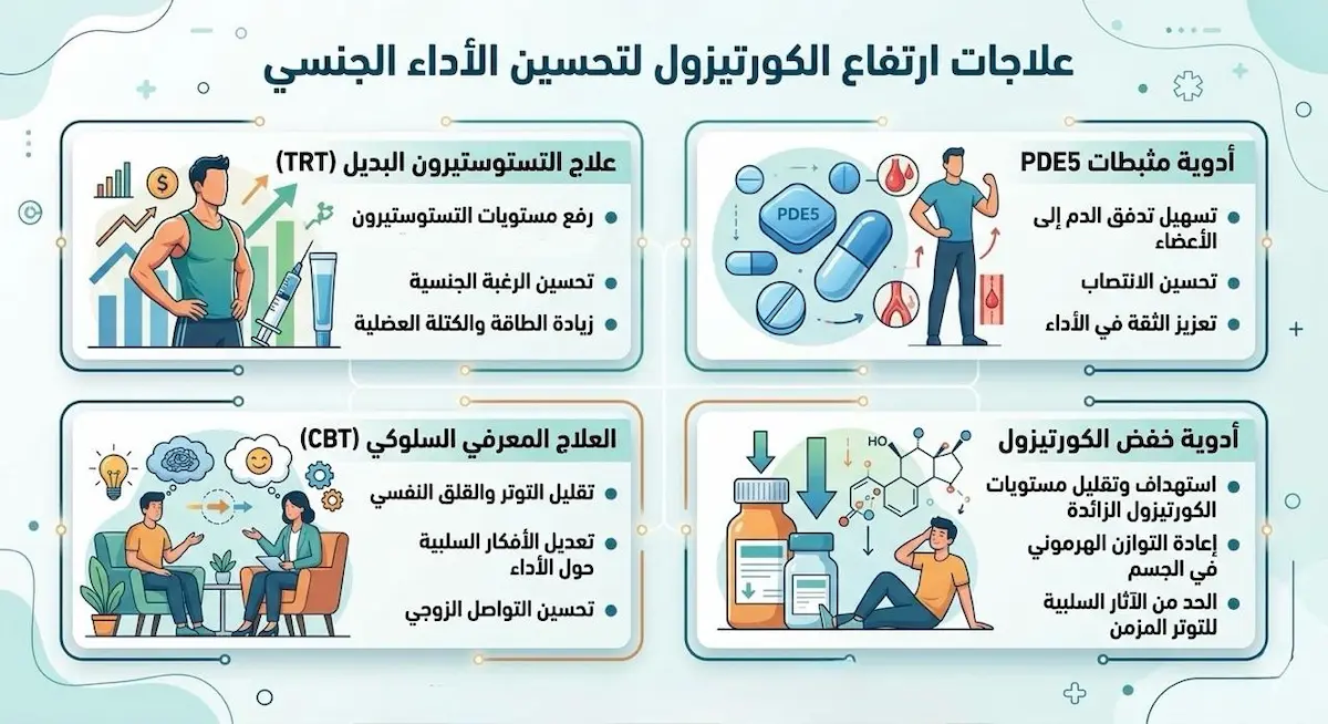 إنفوجرافيك طبي يستعرض أبرز العلاجات الدوائية والخيارات الصيدلانية المعتمدة لخفض الكورتيزول المرتفع واستعادة التوازن الهرموني للرجل.