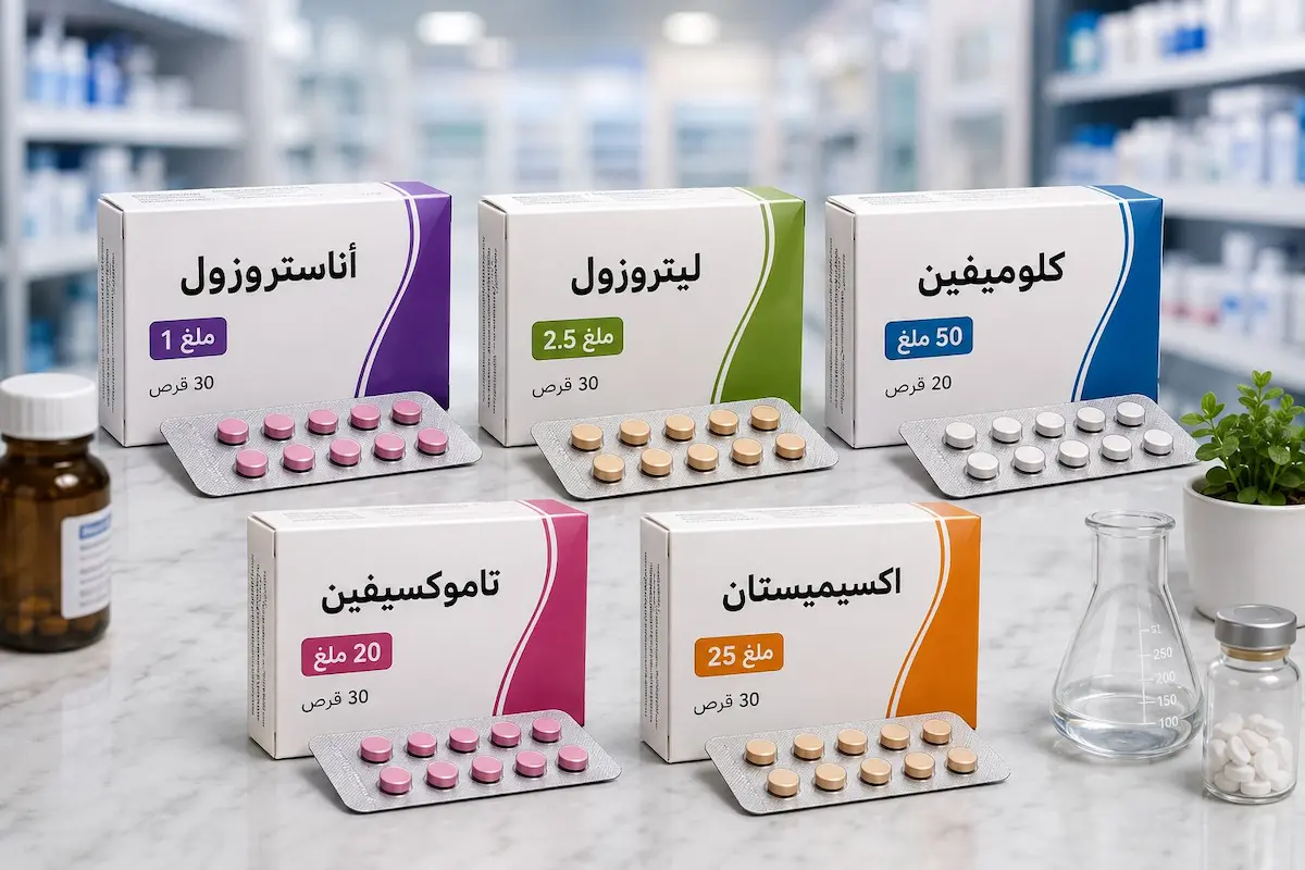 مجموعة علب لأدوية طبية تستخدم في علاج ارتفاع الإستروجين عند الرجال تحت الإشراف الطبي المختص.