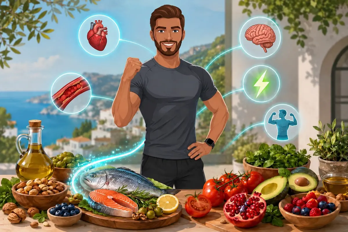 رسم توضيحي يظهر الشاب بصحة ممتازة مع وجبات من النظام الغذائي المتوسطي، لمناقشة دور التغذية الصحية في تحسين الأداء الجنسي عند الرجال.