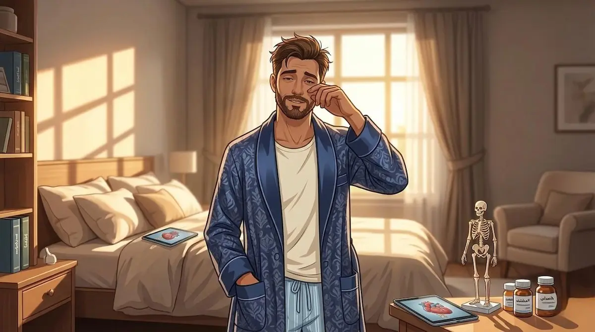 رسم توضيحي يظهر الشاب العربي وهو يستيقظ في الصباح براحة واسترخاء، لمناقشة دلالات الانتصاب الصباحي على الصحة الجنسية.