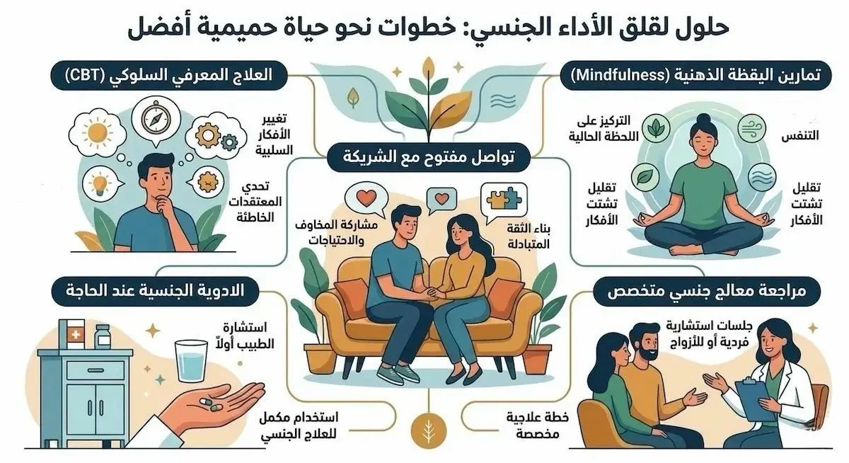 نفوجرافيك يستعرض الخطوات العملية والتقنيات الطبيعية لتقليل التوتر النفسي وتحسين الكفاءة الجنسية للرجال.
