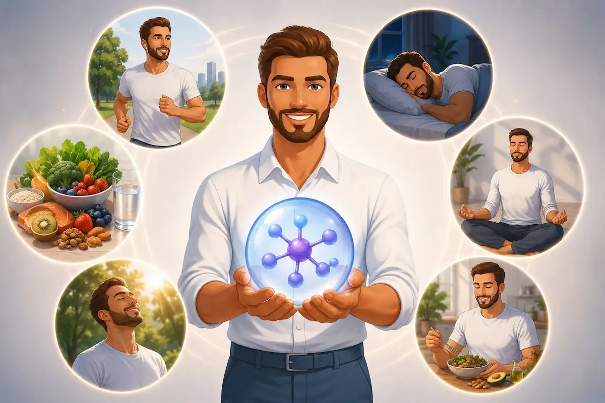 رسم توضيحي يظهر الشاب وهو يتحكم في مستويات هرمون البرولاكتين عبر طرق طبيعية تشمل التغذية، المكملات، وتحسين نمط الحياة.
