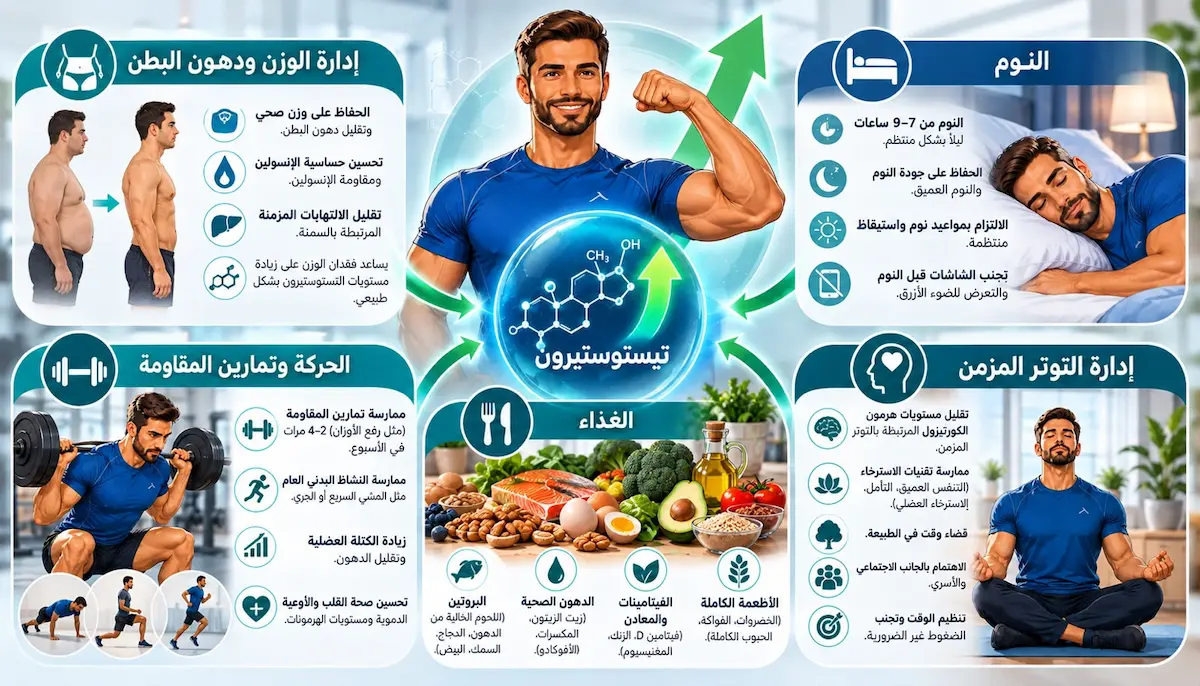 إنفوجرافيك طبي بصري يوضح شرح الطرق والأساليب الطبيعية الموصى بها طبياً لزيادة هرمون التستوستيرون، شاملة التغذية، ممارسة الرياضة، ضبط النوم، وتجنب مسببات التوتر.