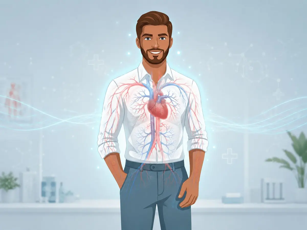 رسم توضيحي يصور الشاب العربي بحالة صحية ممتازة مع تدفق للدورة الدموية بشكل نشط، للتعبير عن طرق تحسين الأداء الجنسي طبيعياً.