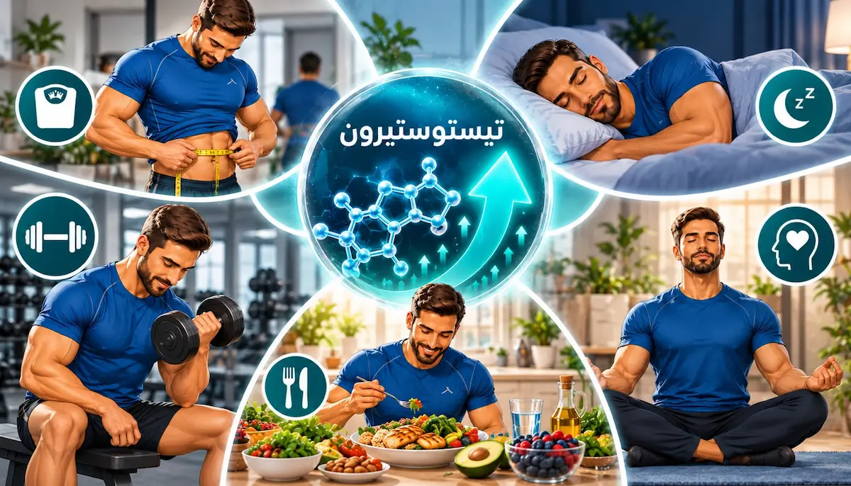 رسم توضيحي لشاب محاط برموز الطرق الطبيعية لزيادة التستوستيرون (تحسين النوم، إنقاص الوزن، ممارسة الرياضة، التغذية الصحية، وإدارة التوتر) لمناقشة مقال أفضل الطرق الطبيعية لزيادة هرمون الذكورة.