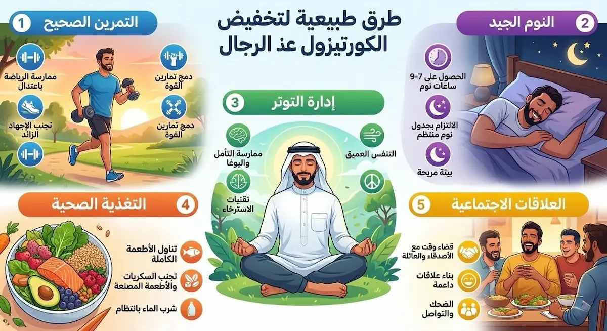 إنفوجرافيك يلخص أفضل الطرق والتمارين الطبيعية والنصائح الغذائية المدعومة علمياً لخفض مستويات الكورتيزول في الجسم.
