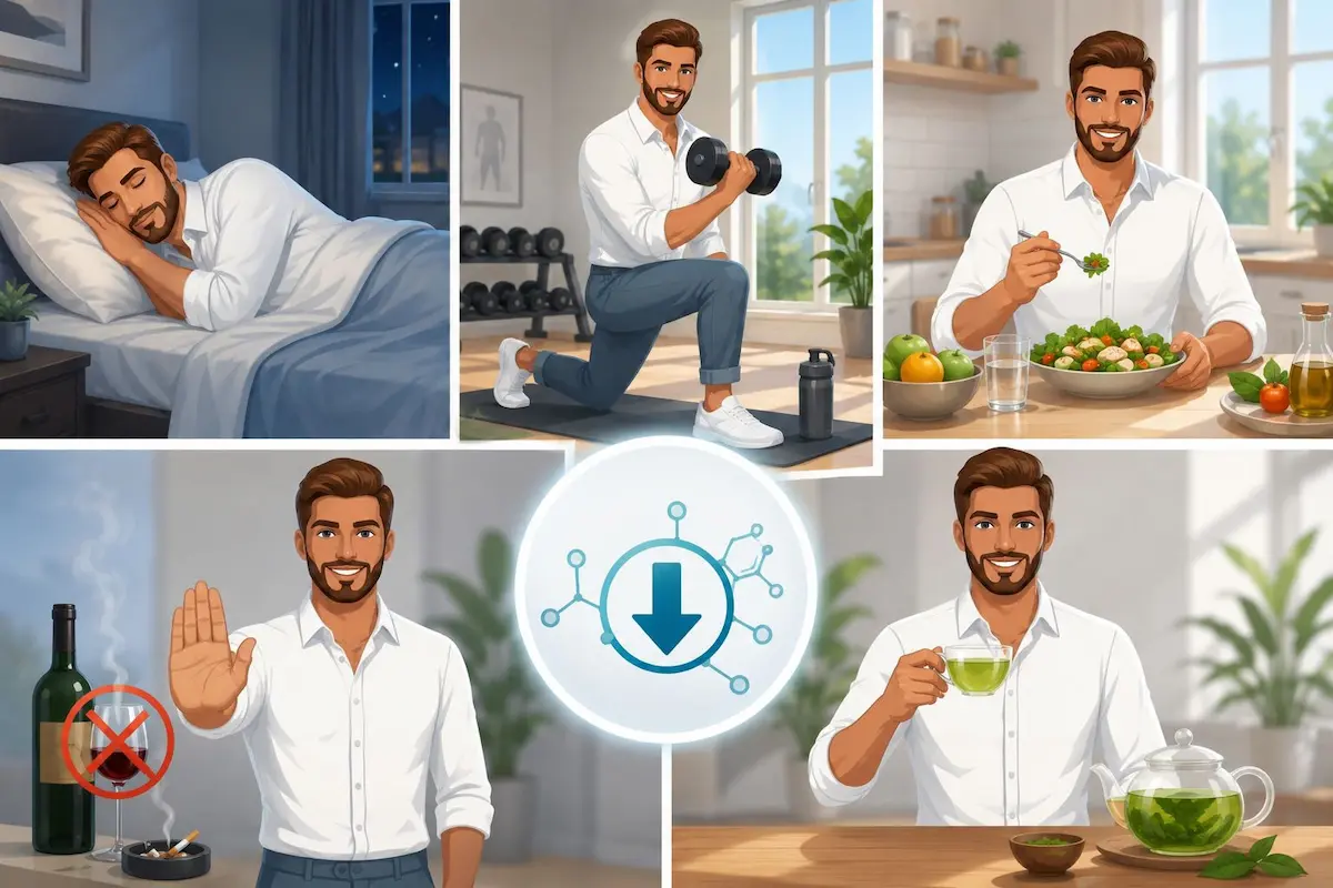 رسم توضيحي يظهر الشاب وهو يتبع نمط حياة صحي لمناقشة أفضل الطرق الطبيعية لخفض مستويات الإستروجين الزائدة عند الرجال.