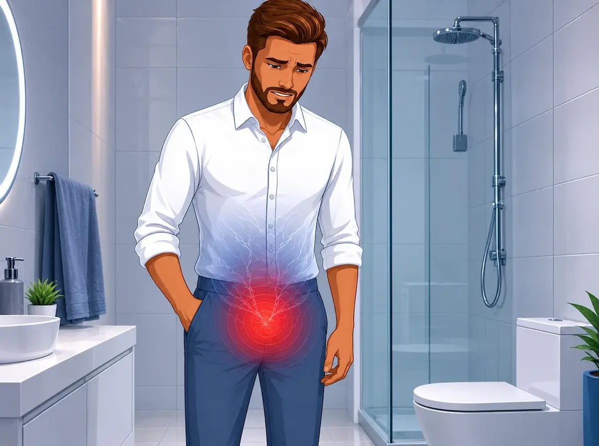 رسم توضيحي يظهر الشاب متألماً داخل الحمام، لمناقشة أسباب وعلاج ألم القذف عند الرجال ومتى تجب استشارة الطبيب.