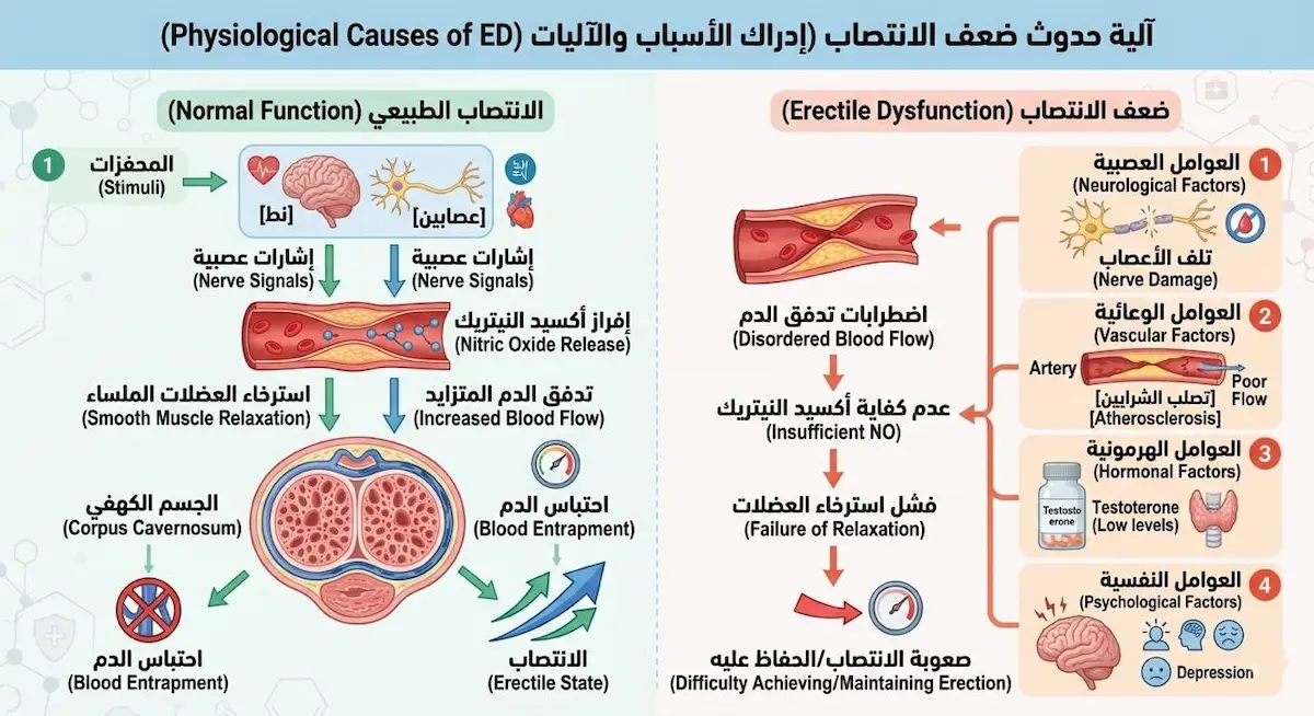 مخطط فيزيولوجي يشرح الآلية الطبية لحدوث ضعف الانتصاب والعوامل العضوية التي تعيق تدفق الدم في العضو الذكري.