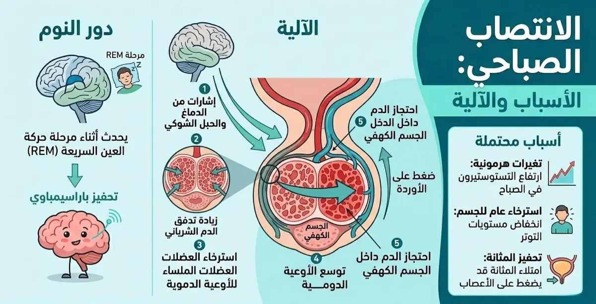 مخطط فيزيولوجي يشرح آلية حدوث الانتصاب الصباحي أثناء مرحلة النوم العميق ودور الجهاز العصبي في هذه العملية الطبيعية.