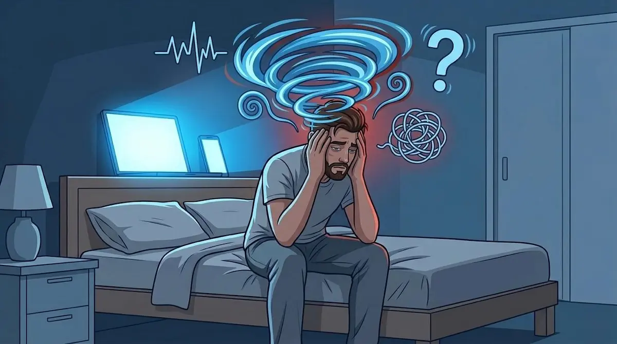 رسم توضيحي يصور الشاب على السرير في حالة تشوش وقلق عميق، لمناقشة أثر مشاهدة الإباحية على الثقة بالنفس وقلق الأداء الجنسي.