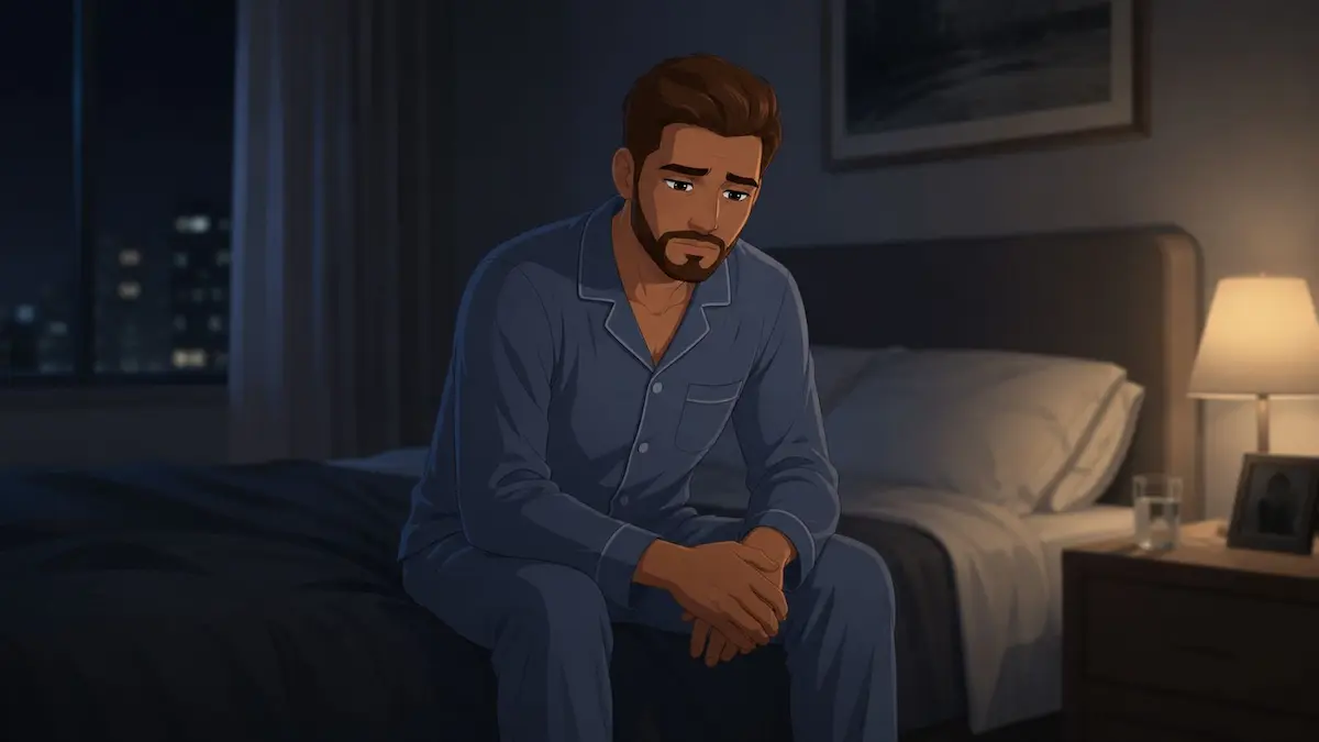 رسم توضيحي يصور الشاب في حالة حزن وهبوط مفاجئ في المزاج بعد العلاقة الحميمة، لتوضيح ظاهرة اكتئاب ما بعد الجماع عند الرجال.