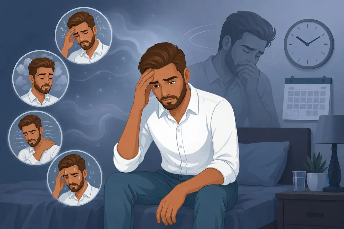 رسم توضيحي يظهر الشاب وهو يشعر بالتعب والمرض الشديد بعد القذف، لمناقشة أسباب وعوارض متلازمة ما بعد النشوة الجنسية.