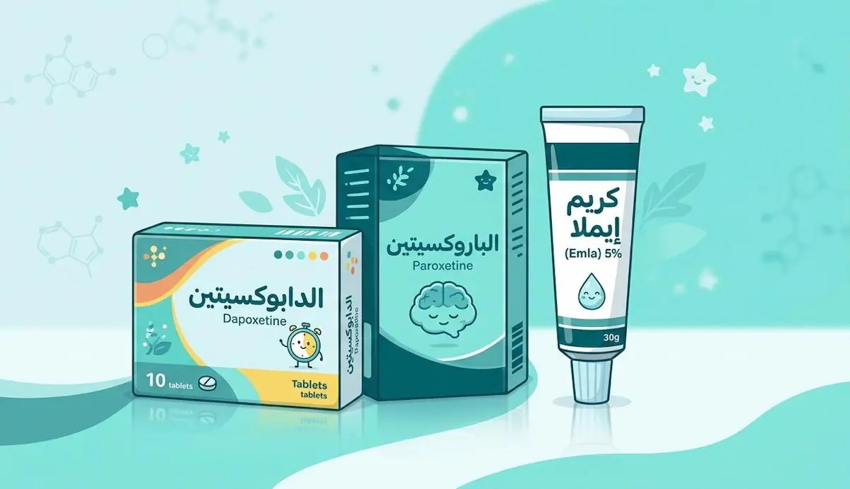صورة طبية تجمع بين علاجات سرعة القذف الأشهر مثل دابوكستين وباروكسيتين وكريم إيملا، لتوضيح الخيارات الدوائية المتاحة.