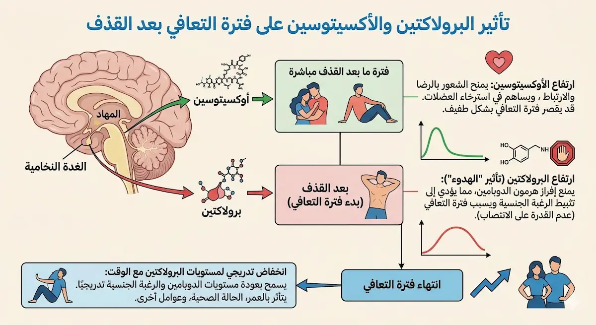 مخطط طبي يشرح دور هرمونات البرولاكتين والأوكسيتوسين في تحديد طول فترة التعافي بعد القذف عند الرجال.