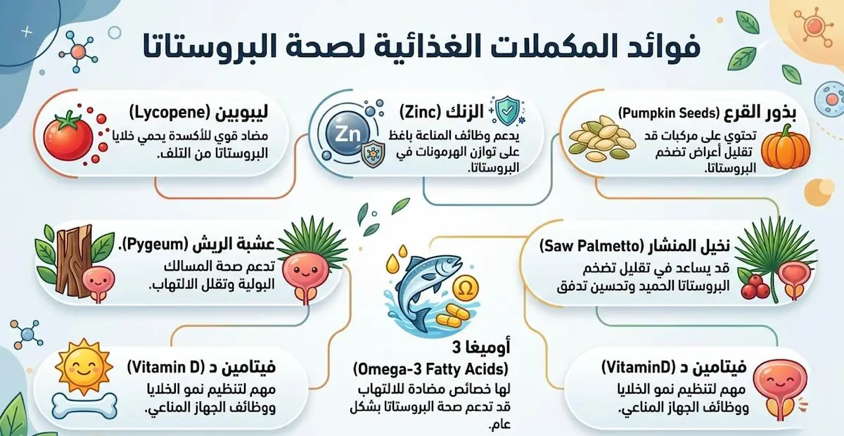 إنفوجرافيك علمي يشرح فوائد المكملات الغذائية الرئيسية للبروستاتا وأثرها المباشر على قوة الانتصاب والقذف.