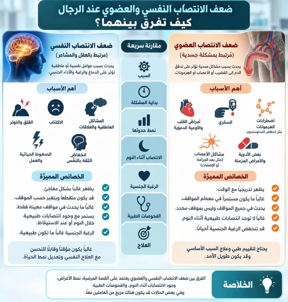 إنفوجرافيك طبي بصري يوضح شرح الفروقات التفصيلية بين ضعف الانتصاب النفسي والعضوي من حيث بداية الأعراض، الانتصاب الصباحي، والظروف المصاحبة لكل منهما.