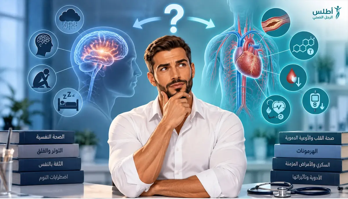 رسم توضيحي ولقطة لشاب وحوله أيقونات تعبر عن الفروقات الجسدية والنفسية لمناقشة مقال ضعف الانتصاب النفسي والعضوي عند الرجال وكيفية التفرقة بينهما.
